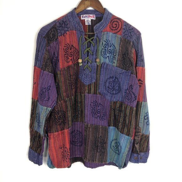 Nepal Patchwork Multicolor Chambray Long Sleeve Shirt Pocket Boho Oversized Sz M - Picture 1 of 10